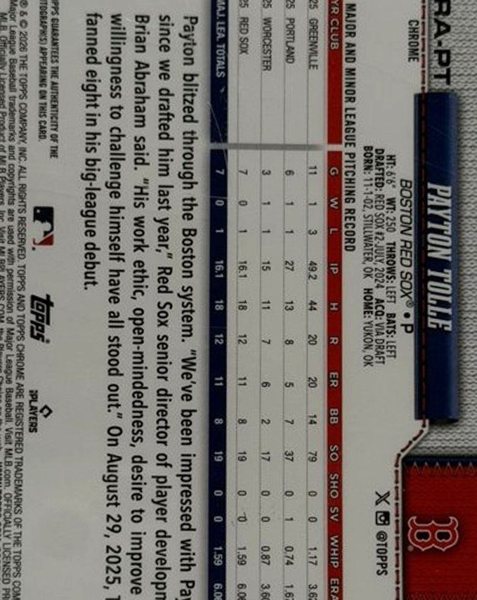 Payton Tolle 2026 Topps Chrome back