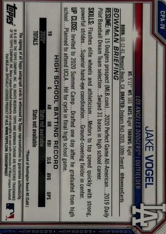 Jake Vogel 2021 Bowman Chrome back