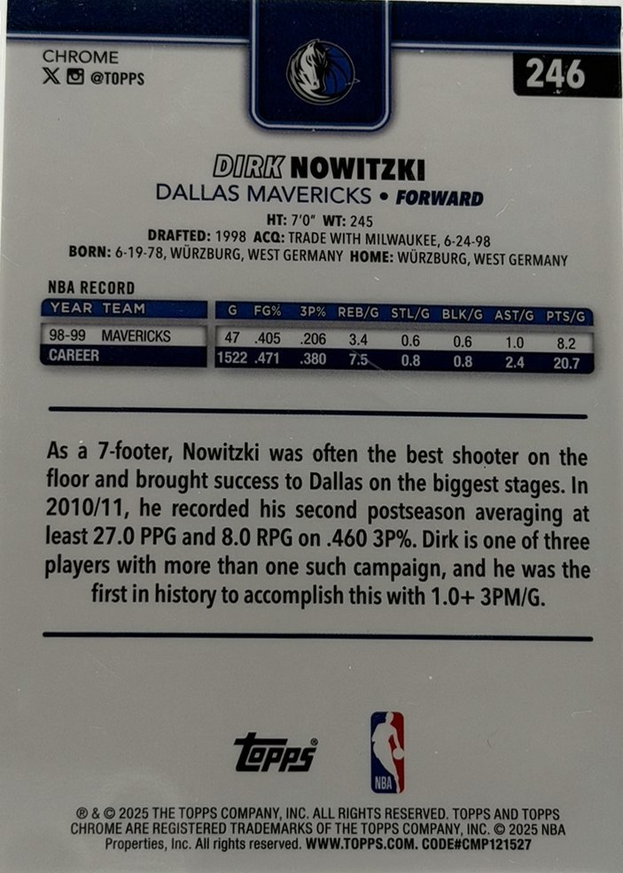Dirk Nowitzki 2025 Topps Chrome back