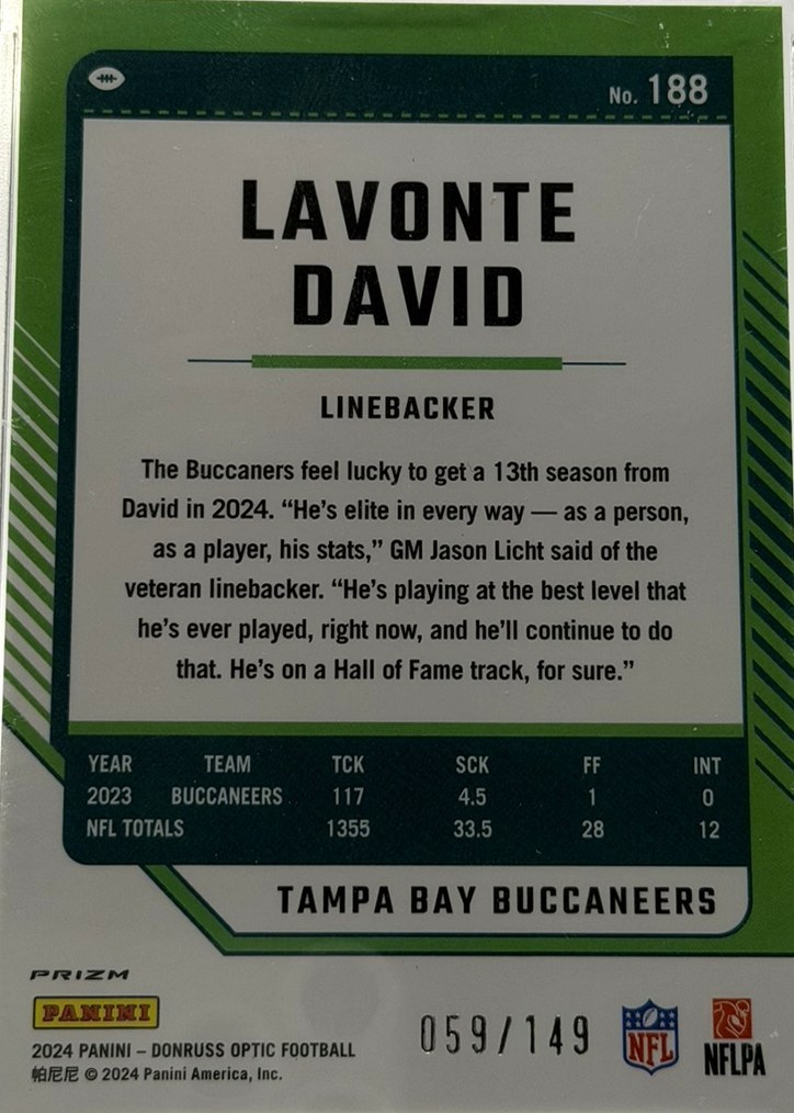 Lavonte David 2024 Donruss Optic back