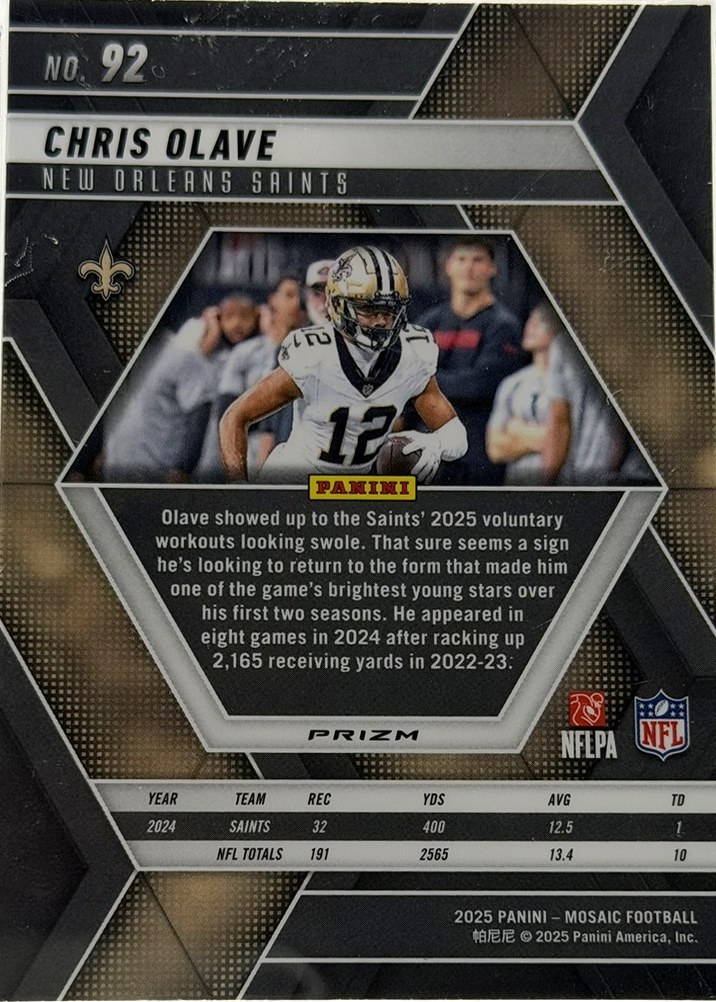 Chris Olave 2025 Panini Mosaic back