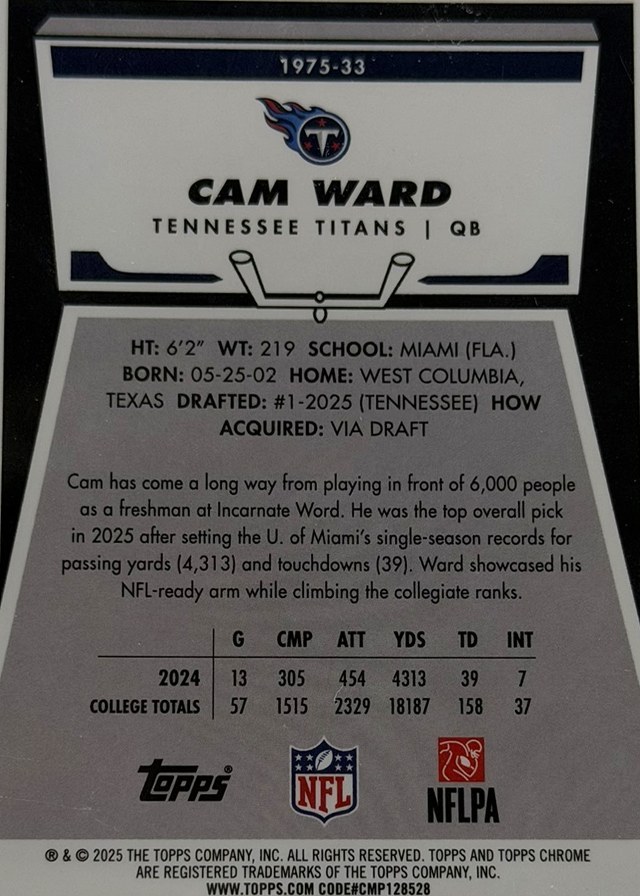 Cam Ward 2025 Topps Chrome back