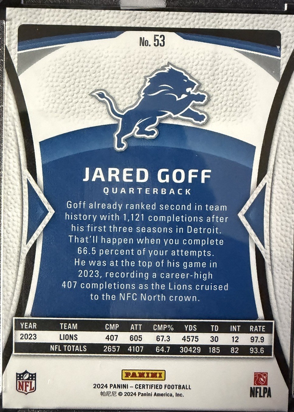 Jared Goff 2024 Panini Certified back