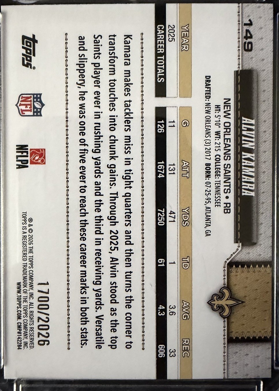 Alvin Kamara 2026 Topps back