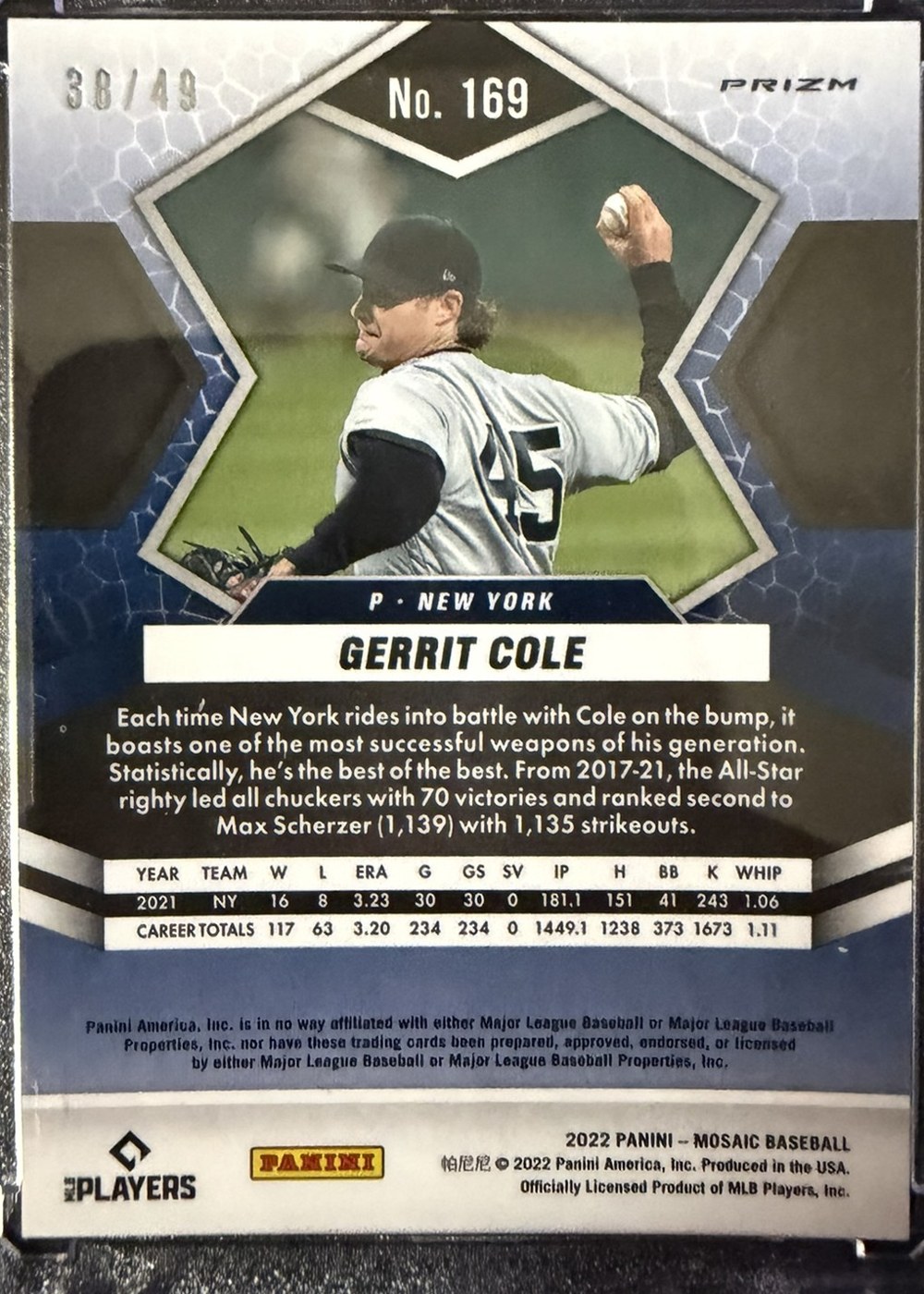 Gerrit Cole 2022 Panini Mosaic back