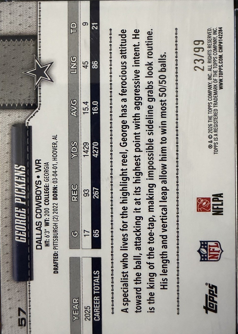 George Pickens 2026 Topps back