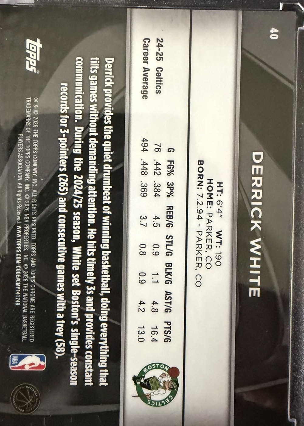 Derrick White 2025 Topps Chrome Black back