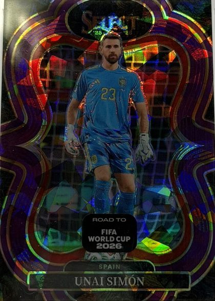 Unai Simon 2025 Panini Select Road to FIFA World Cup 2026 Mezzanine Purple Cracked Ice Prizm /599