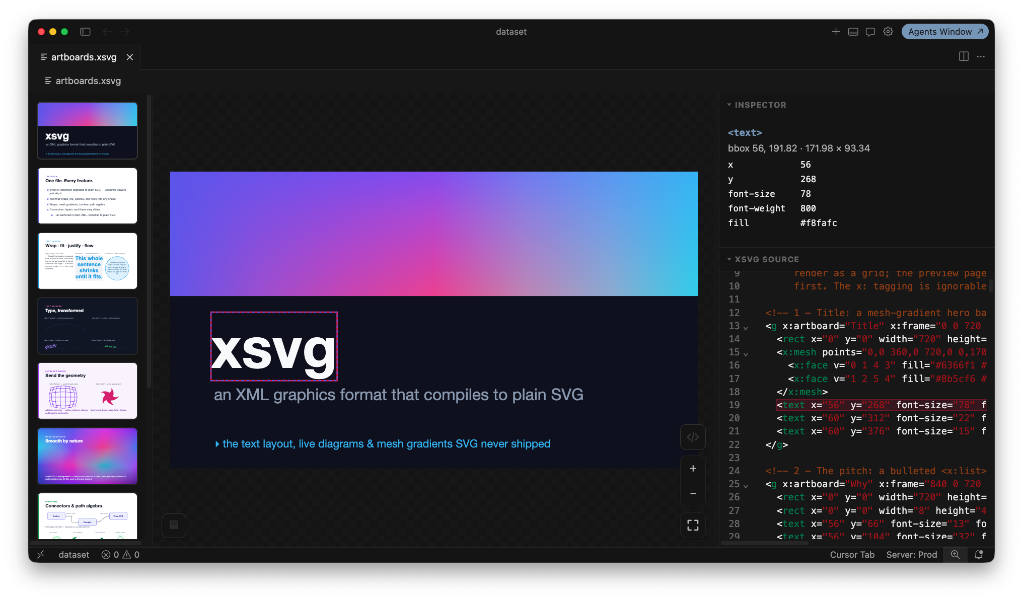 A .xsvg document open in the XSVG Viewer: the artboard slide rail on the left, the rendered drawing on the checkerboard canvas, and the inspector + syntax-highlighted source pane on the right — all following the VS Code dark theme.