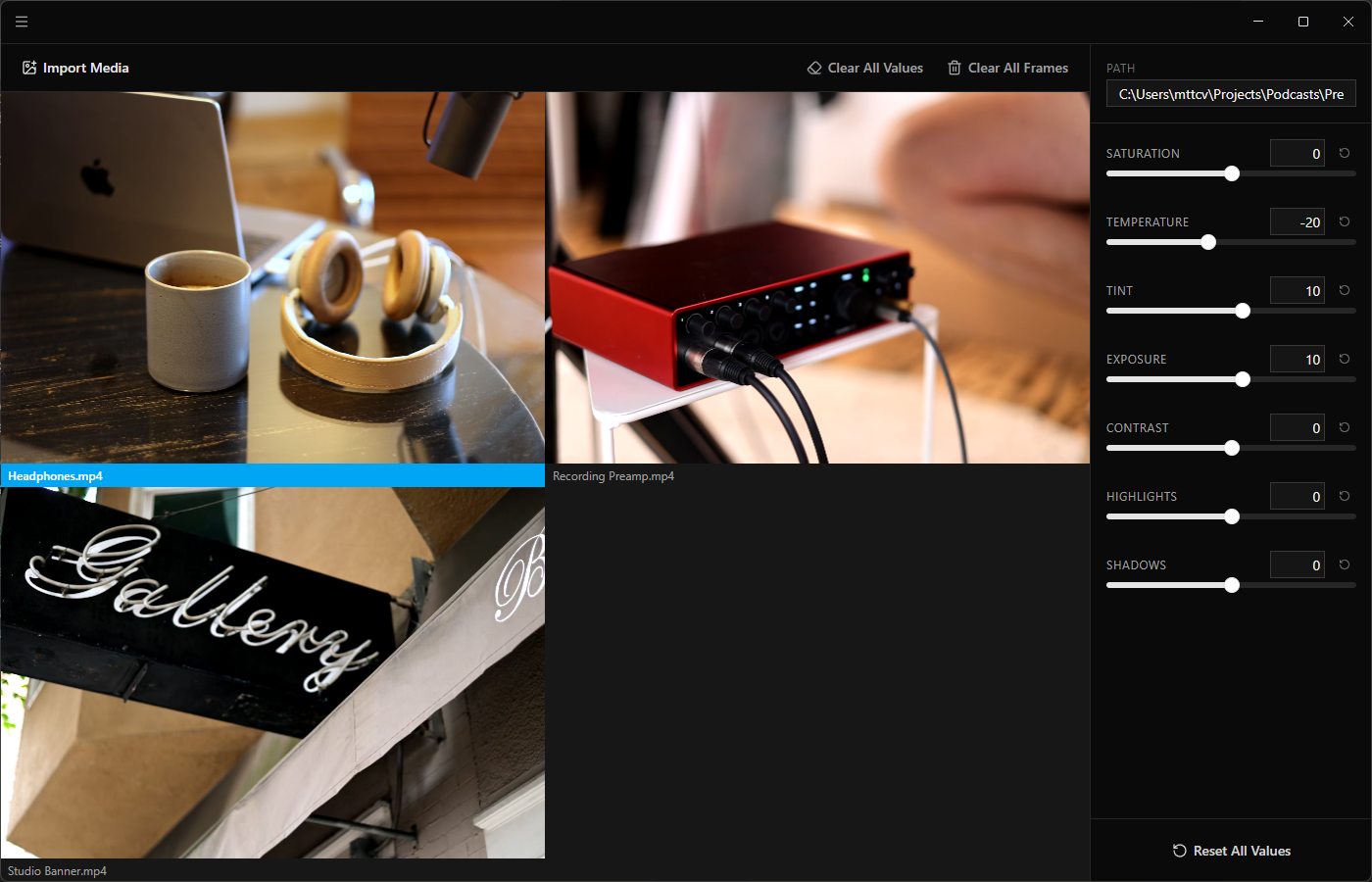 The companion app I built — side-by-side color grading with seven sliders that match Descript's output