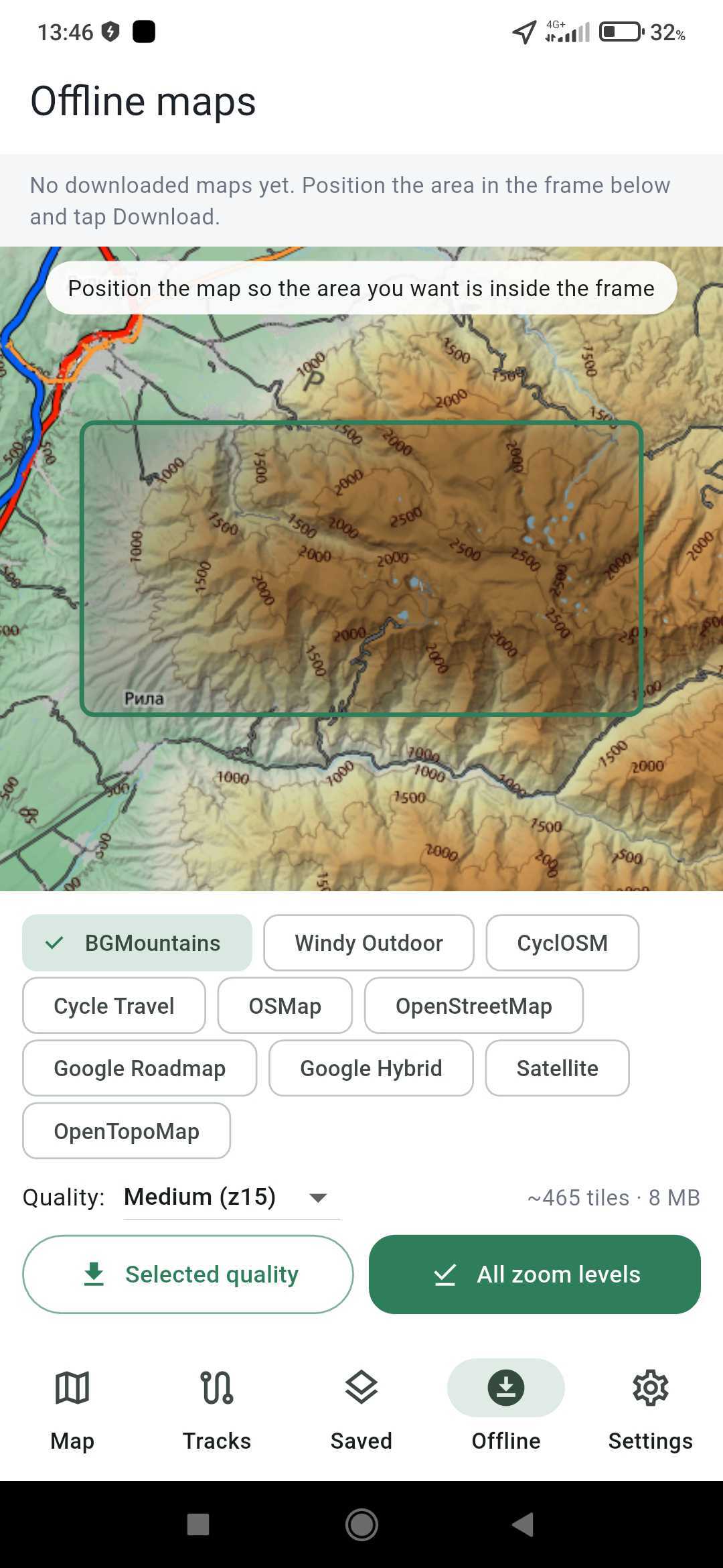 Offline maps screen