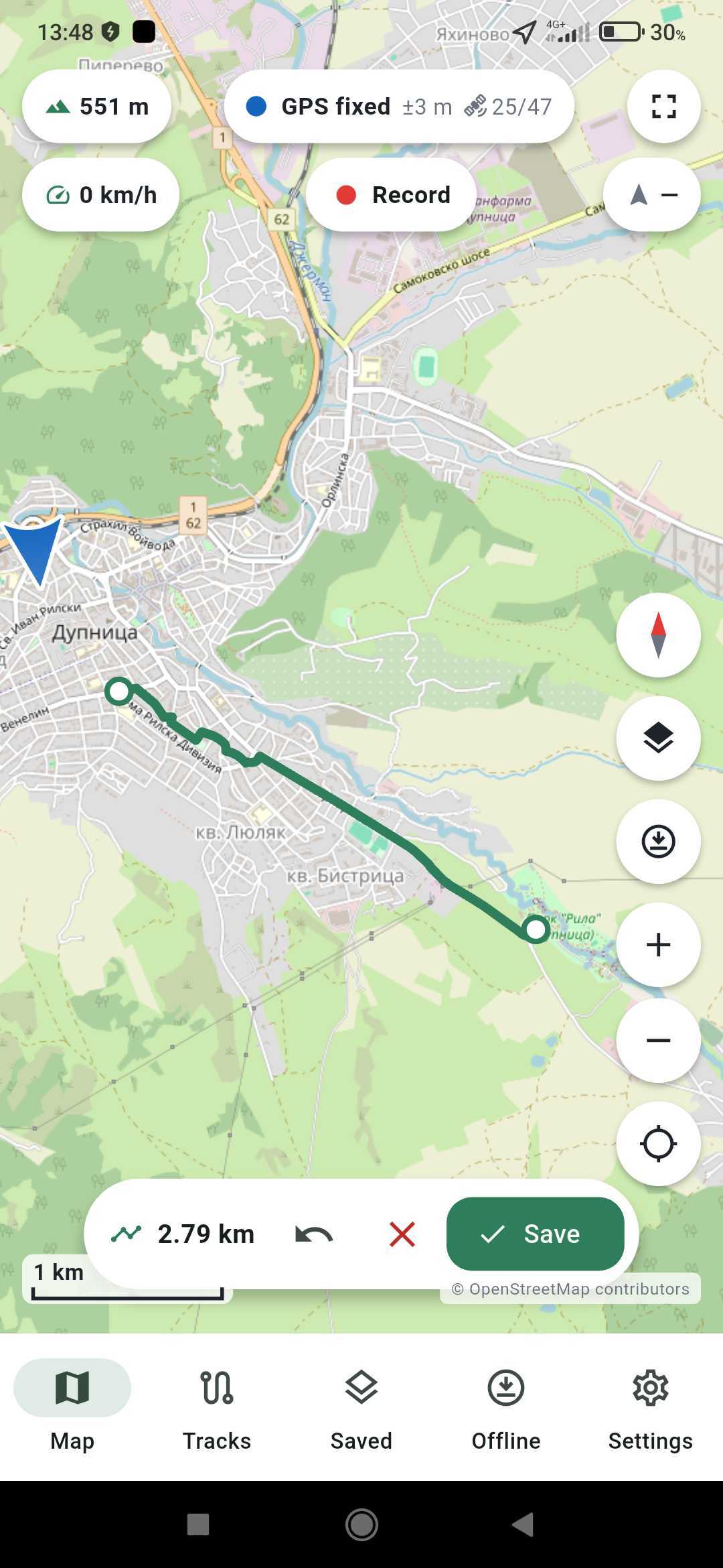 Route planning screen with distance and save controls