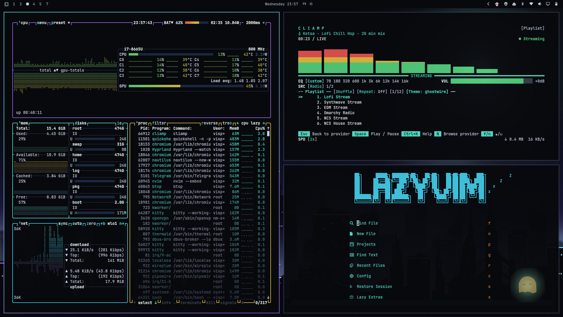 btop, cliamp radio player, and the launcher's Find File menu