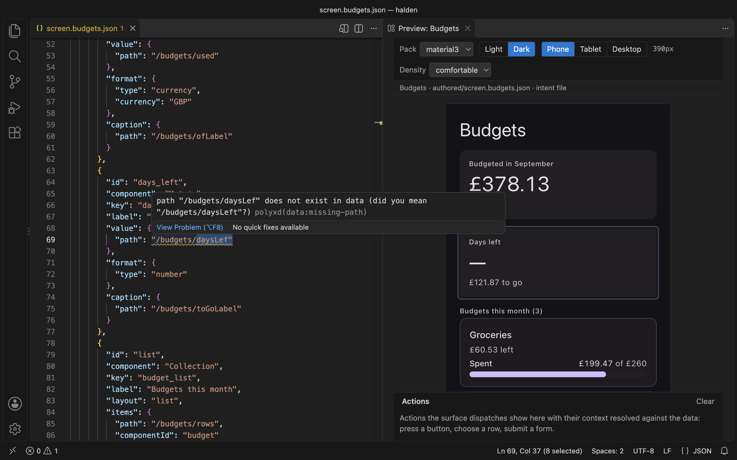 A Polyxd document with a misspelt data path underlined and explained, and the live preview of the screen beside it