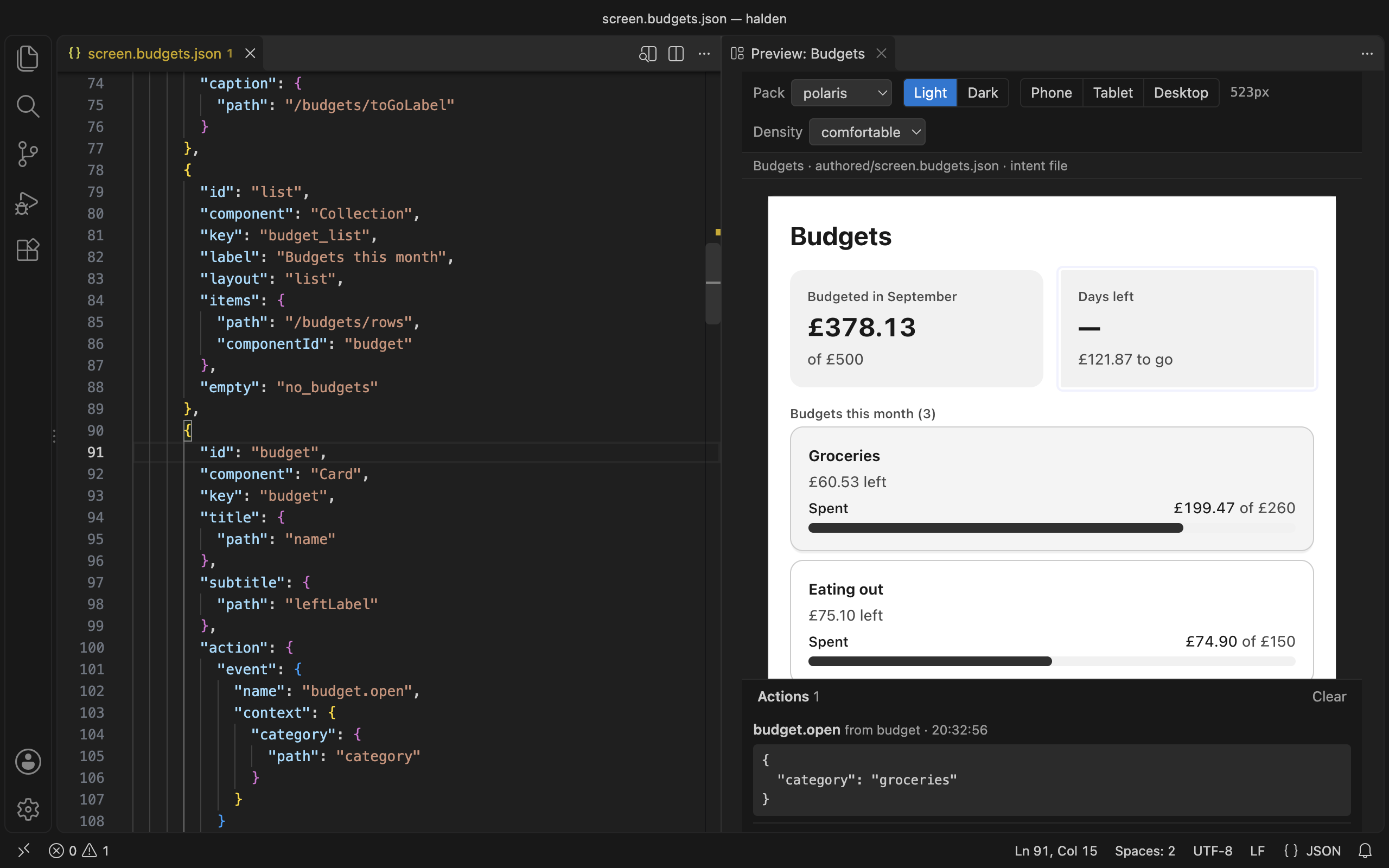 The preview in the Polaris design system, light and wider, with an action in the log