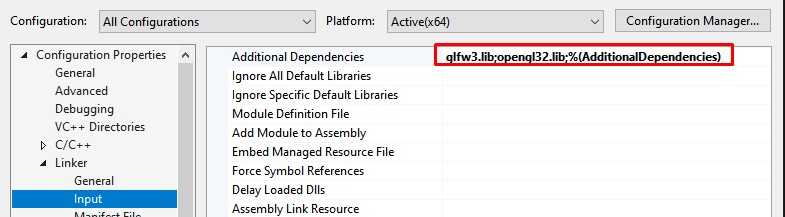 Add glfw3.lib and opengl32.lib in visual studio's Linker