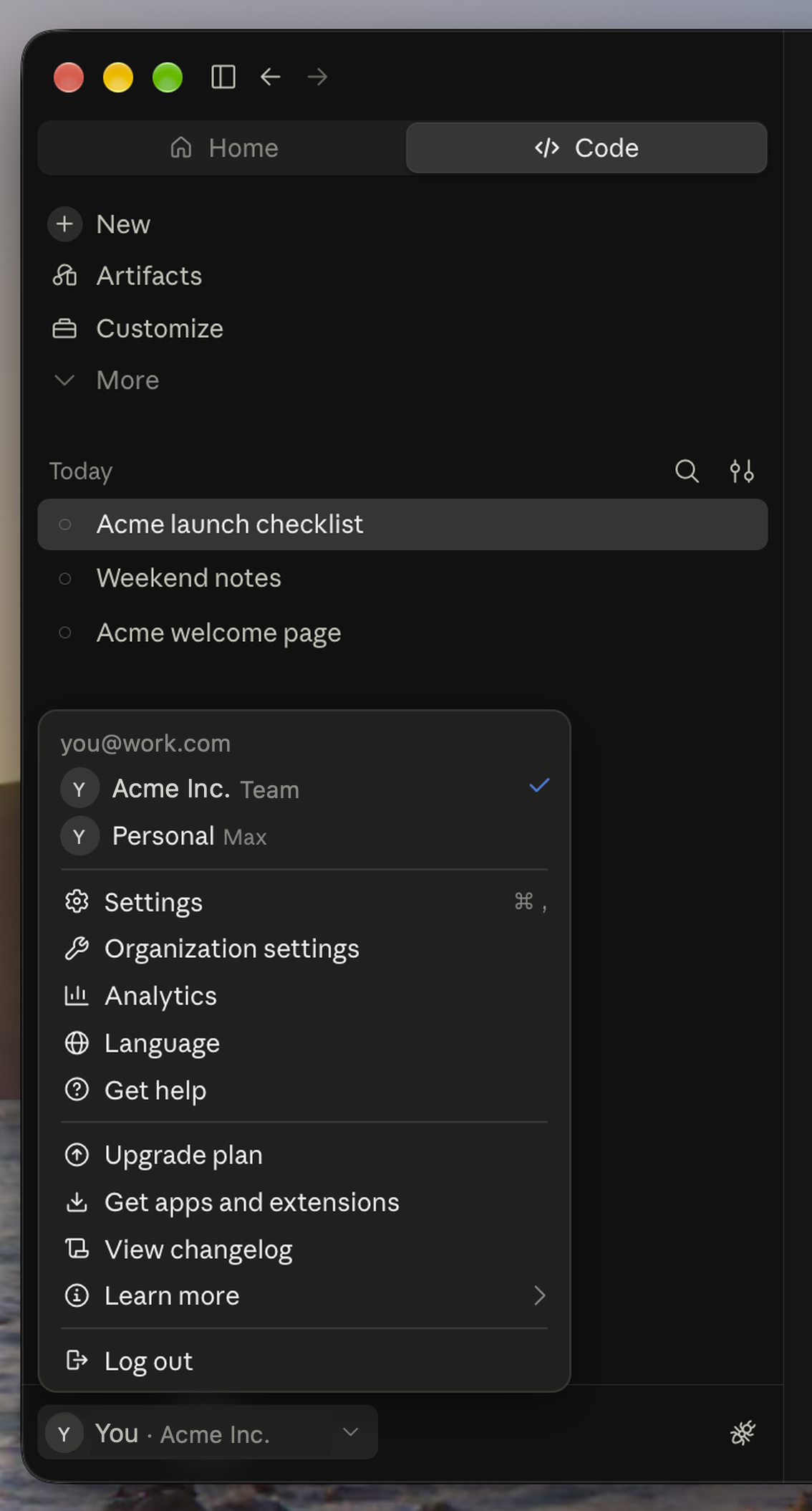 Claude Desktop Code sidebar with three conversations under you@work.com, with Acme Inc. selected before Move