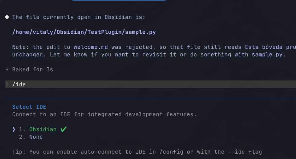 Claude Code's /ide picker with Obsidian connected