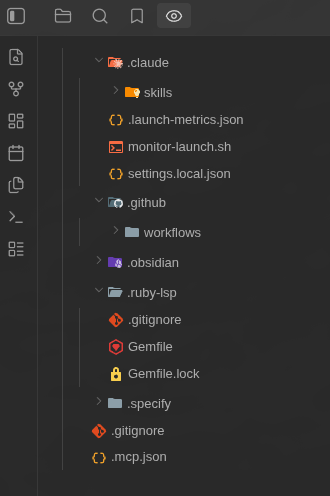 The Hidden files panel listing a vault's dot-files as a tree