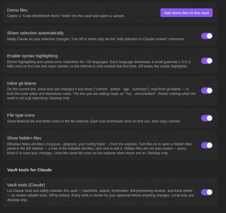 The Code Workbench settings page, where every feature is a toggle
