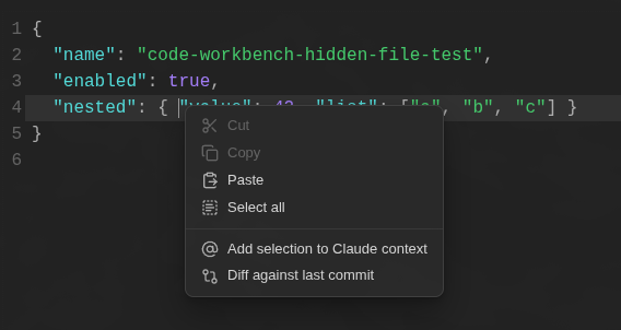 The editor right-click menu: Add selection to Claude context, and Diff against last commit