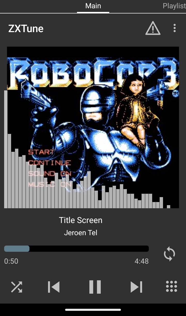 Main Now Playing screen of a mobile chiptune player showing a large pixel-art cover with an overlaid vertical spectrum visualizer, a playback progress bar with elapsed and total time, transport controls (previous / play-pause / next), and loop/playlist/menu icons.