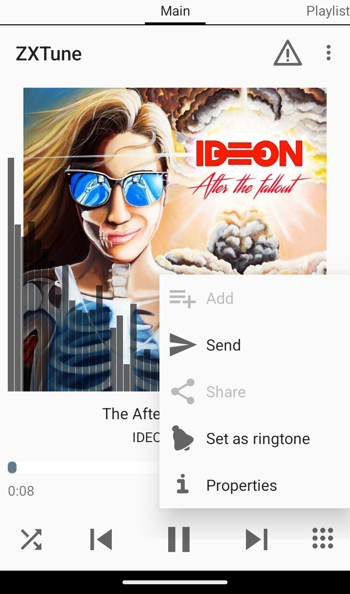 Main Now Playing screen of a mobile chiptune player displaying large cover artwork with an overlaid vertical spectrum visualizer, a near-start playback progress bar and transport controls at the bottom, and an open overflow menu offering actions to send/share, set as ringtone, and view properties.