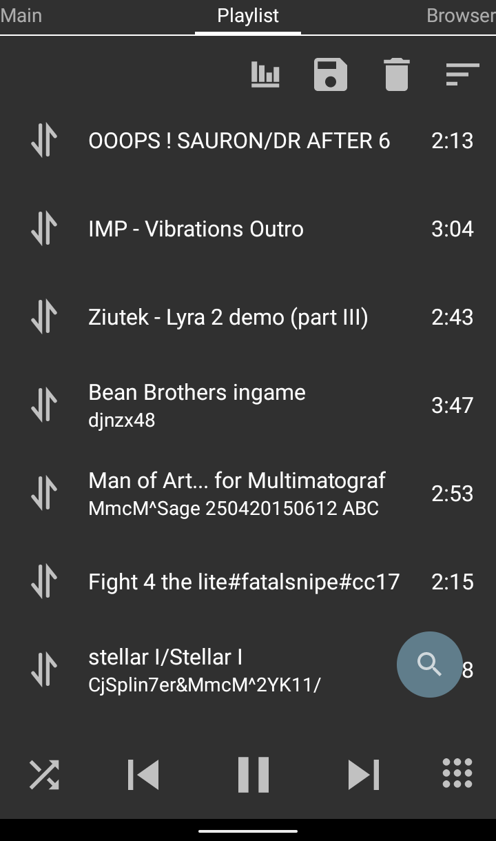 Playlist tab of a mobile chiptune player showing a scrollable list of tracks with durations, a top toolbar with icons for analytics/save/delete/filter, a floating search button over the list, and a bottom transport bar with shuffle, previous, play/pause, next and menu controls.
