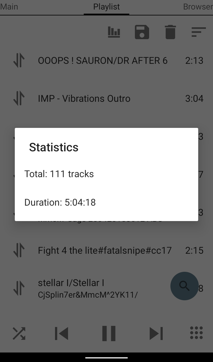 Screenshot of the Playlist tab in ZX Tune mobile chiptune player for Android. The screen displays a list of tracks in the current playlist with duration shown on the right, navigation arrows on the left, and a pop-up statistics window in the center showing Total: 111 tracks and Duration: 5:04:18. Bottom navigation bar with playlist, play/pause, and browser icons is visible.
