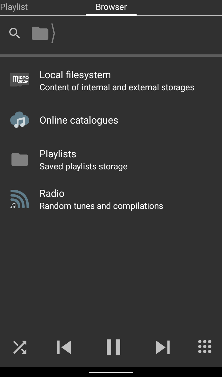 Screenshot of the Browser tab in ZX Tune mobile chiptune player for Android. The screen shows the main browsing menu with four primary sections: Local filesystem (content of internal and external storages), Online catalogues, Playlists (saved playlists storage), and Radio (random tunes and compilations). Top bar contains search and folder navigation icons, bottom navigation highlights the active Browser tab.