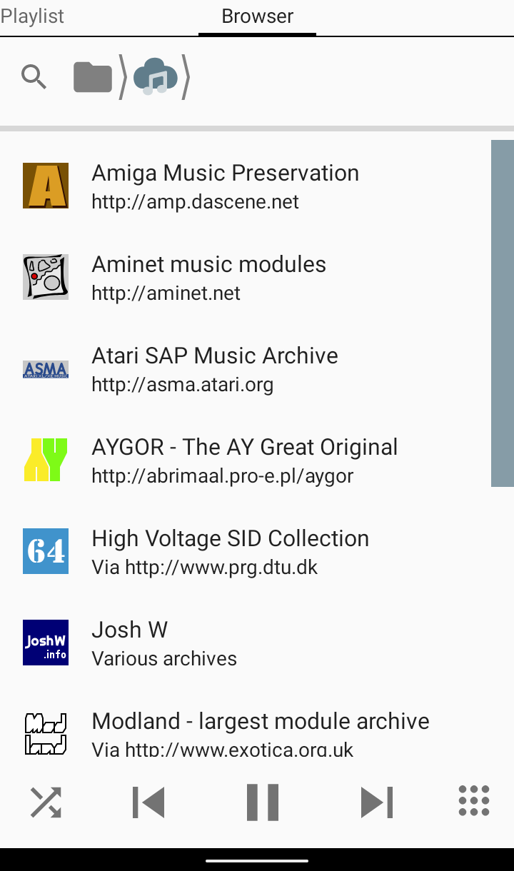 Screenshot of the Browser tab in ZX Tune mobile chiptune player for Android, displaying the Online catalogues section. The screen shows a scrollable list of available remote chiptune archives with their logos, names, and URLs. The top bar includes search, folder navigation, and cloud download icons, while the bottom navigation bar highlights the active Browser tab.