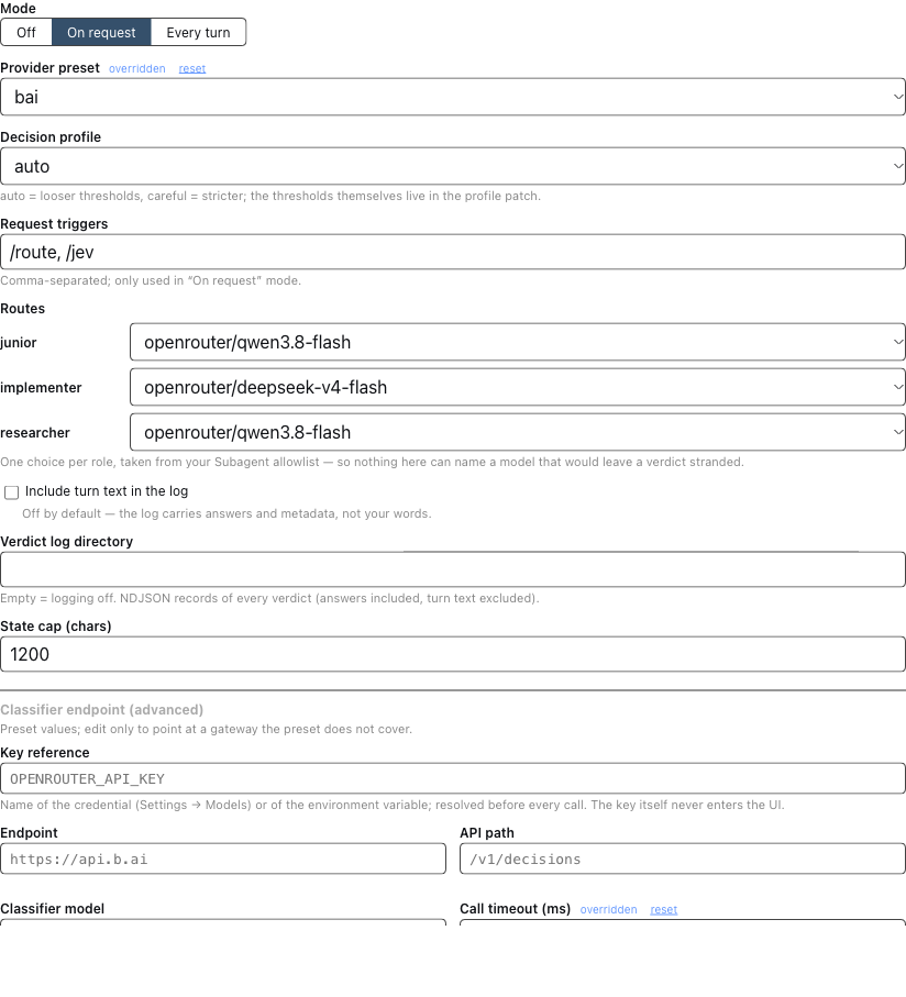 The plugin's own configuration page: every field edits the live config