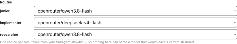One model select per role, each offering the models your Subagent allowlist permits
