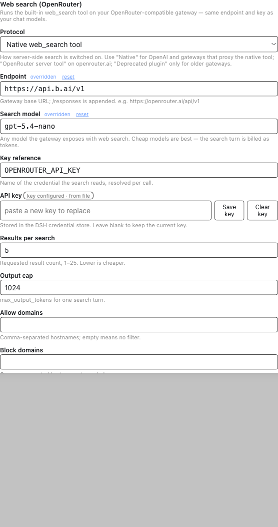 The Web search settings card, with a passing connection test