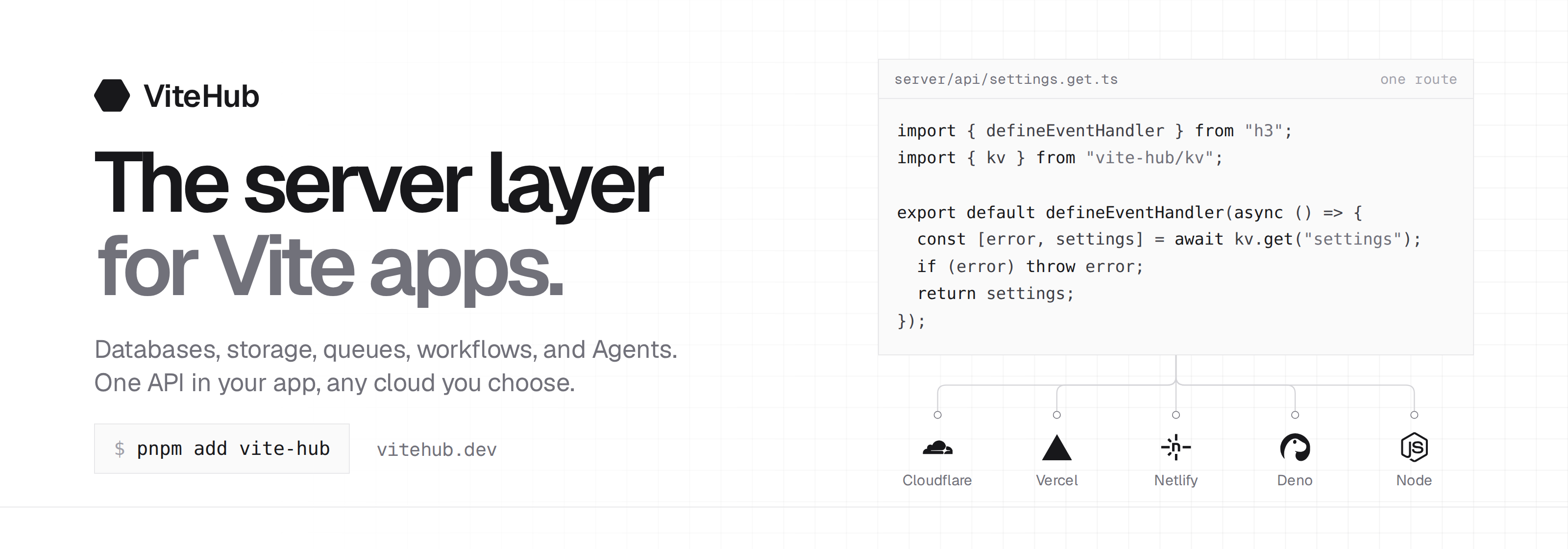 ViteHub: the server layer for Vite apps. One route deploys to Cloudflare, Vercel, Netlify, Deno, and Node.