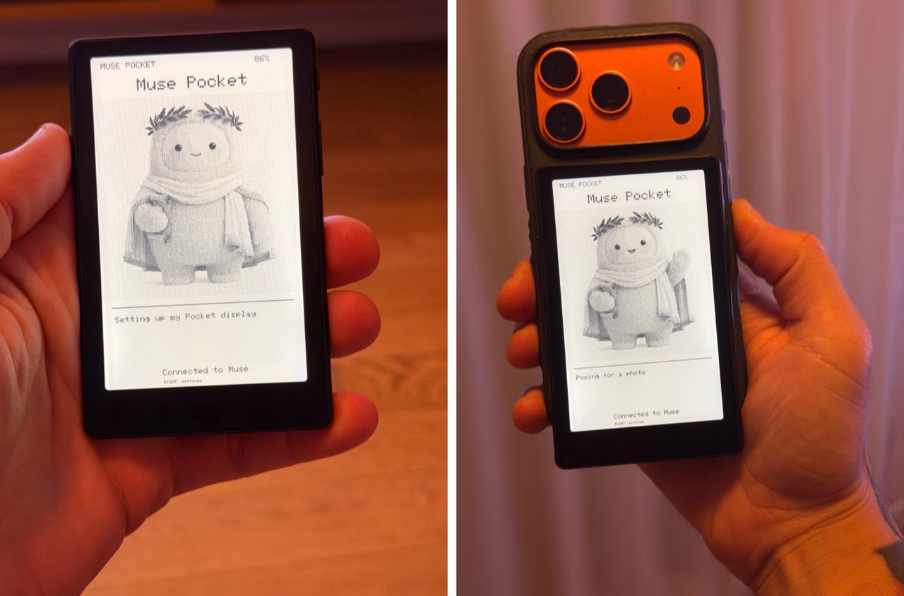 Muse Pocket displaying a Muse character and status, handheld and attached to an orange iPhone