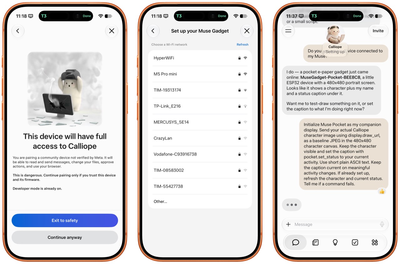 Muse app screenshots showing access confirmation, Wi-Fi selection and a request to update the Muse Pocket character and status