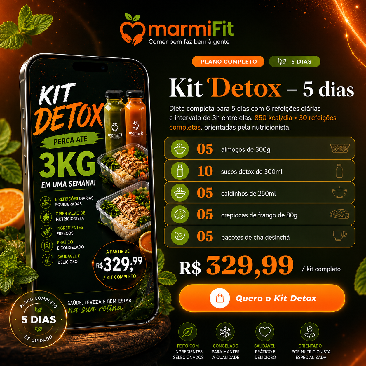 Kit Detox Marmifit de cinco dias com refeições, sucos, caldos, crepiocas e chás