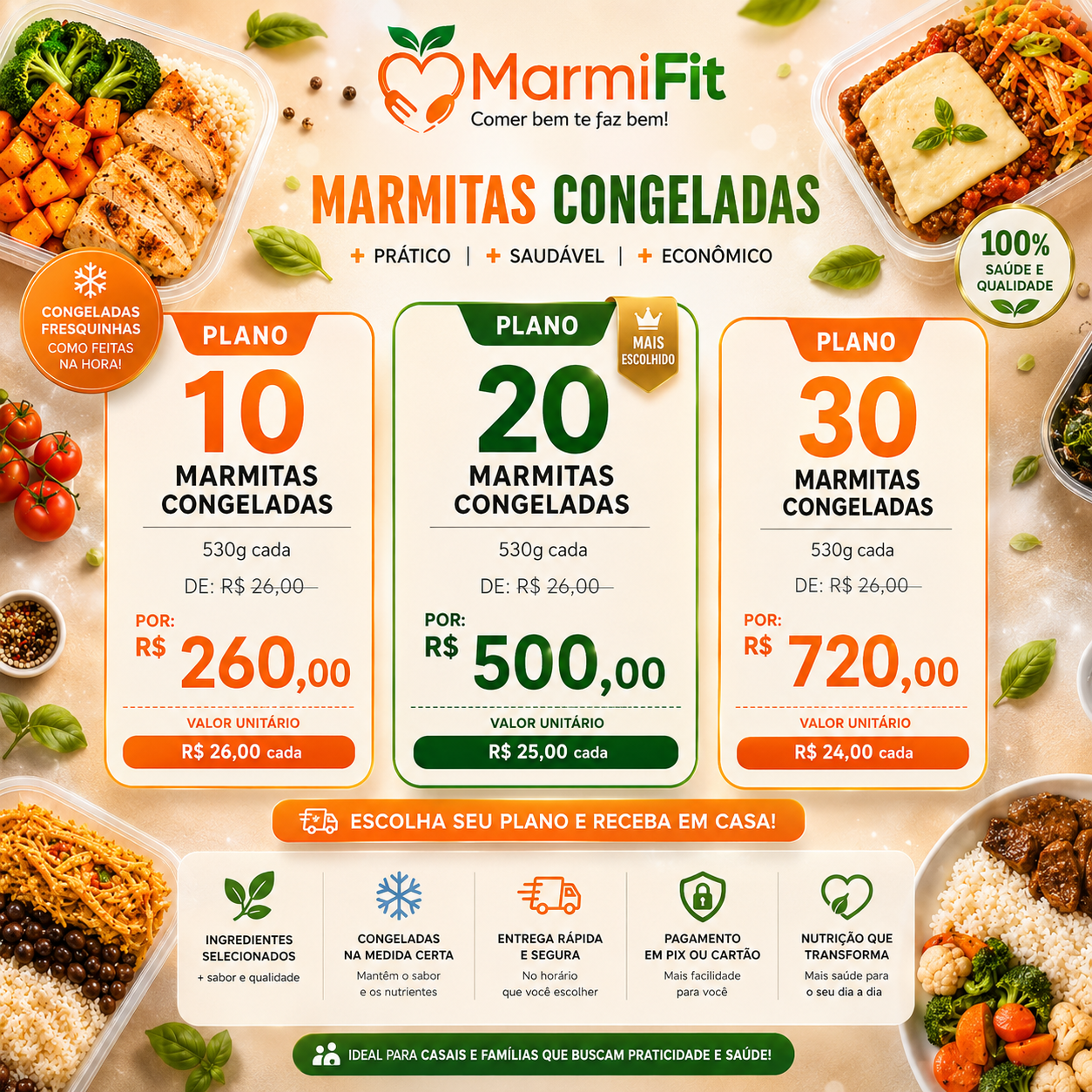 Planos de assinatura MarmiFit: 10 marmitas por R$ 240, 20 marmitas por R$ 450 (mais popular) e 30 marmitas por R$ 630 — 350g cada, pagamento em Pix ou cartão