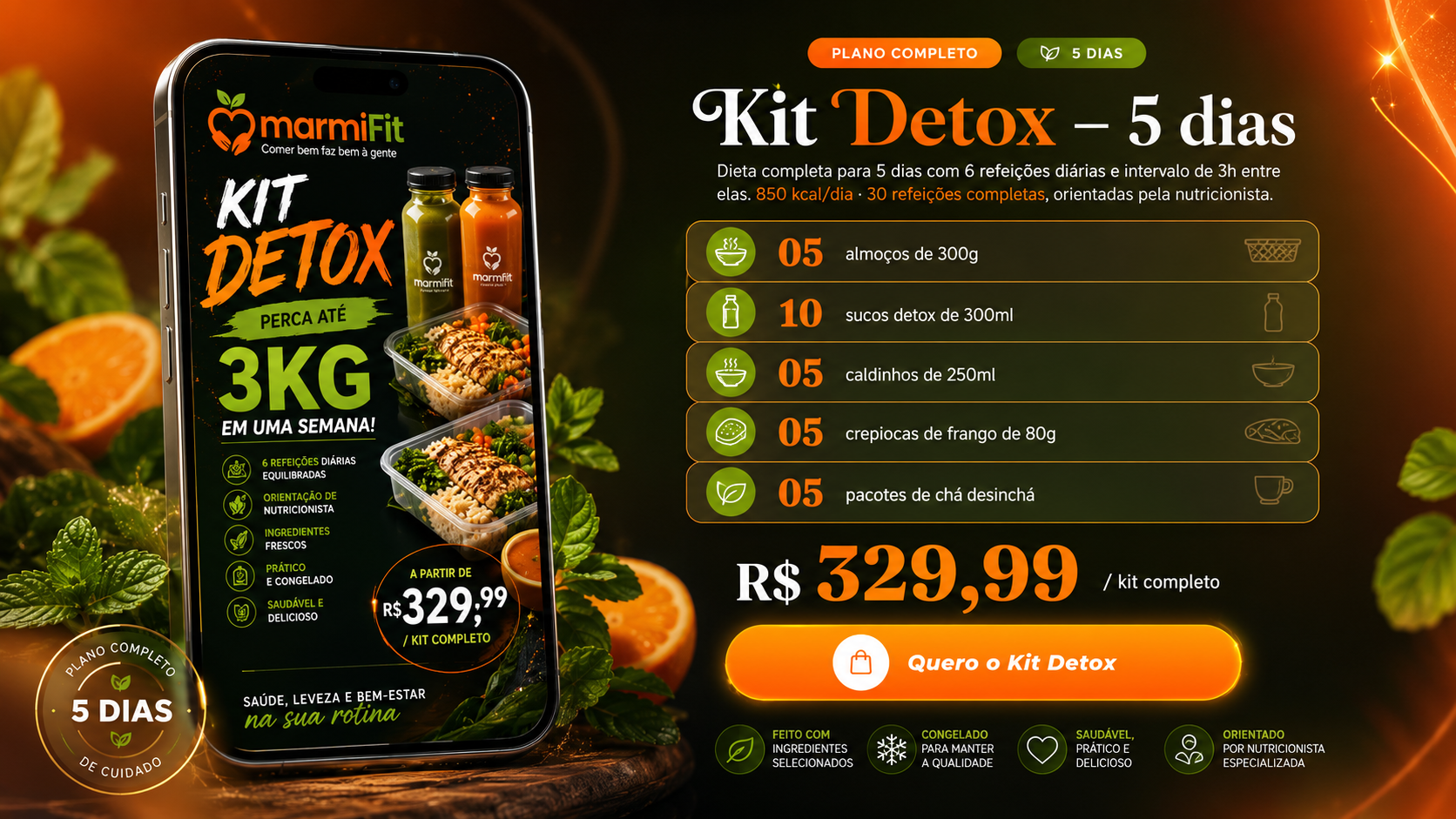 Kit Detox 5 dias: perca até 3 kg em uma semana — 5 almoços de 300g, 10 sucos detox de 300ml, 5 caldinhos de 250ml, 5 crepiocas de frango e 5 pacotes de chá desinchá por R$ 329,99 o kit completo