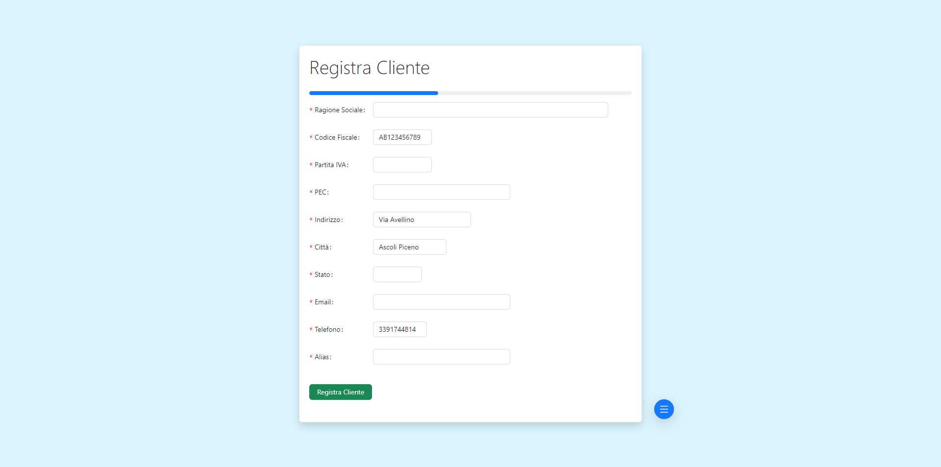 Form di registrazione del cliente