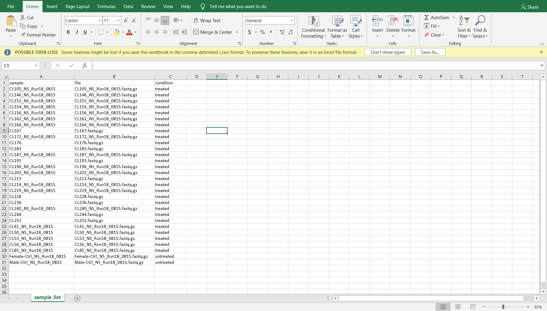 Example sample sheet