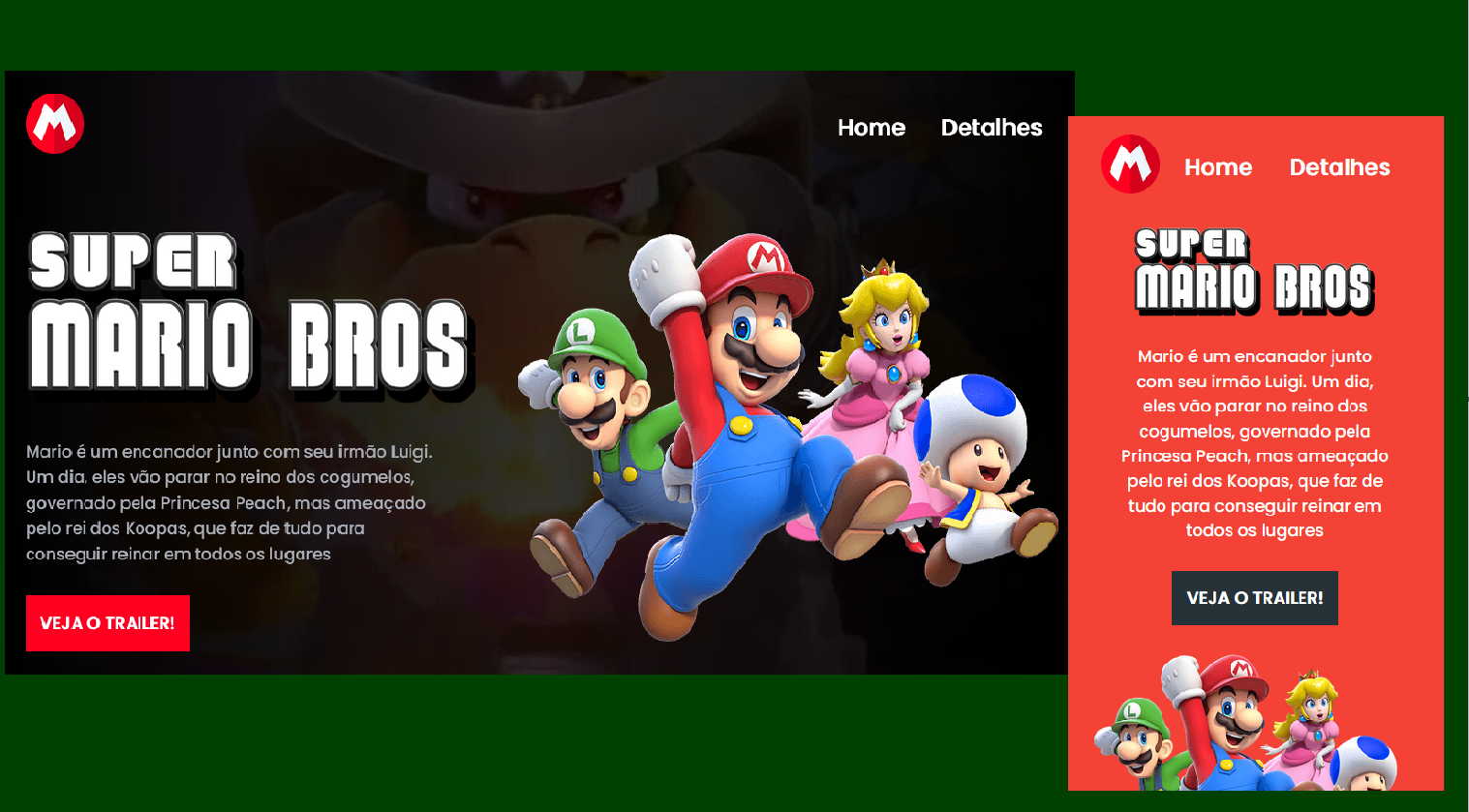 Imagem de landing page com versão para desktop e mobile, com informações sobre o filme Super Mario Bros