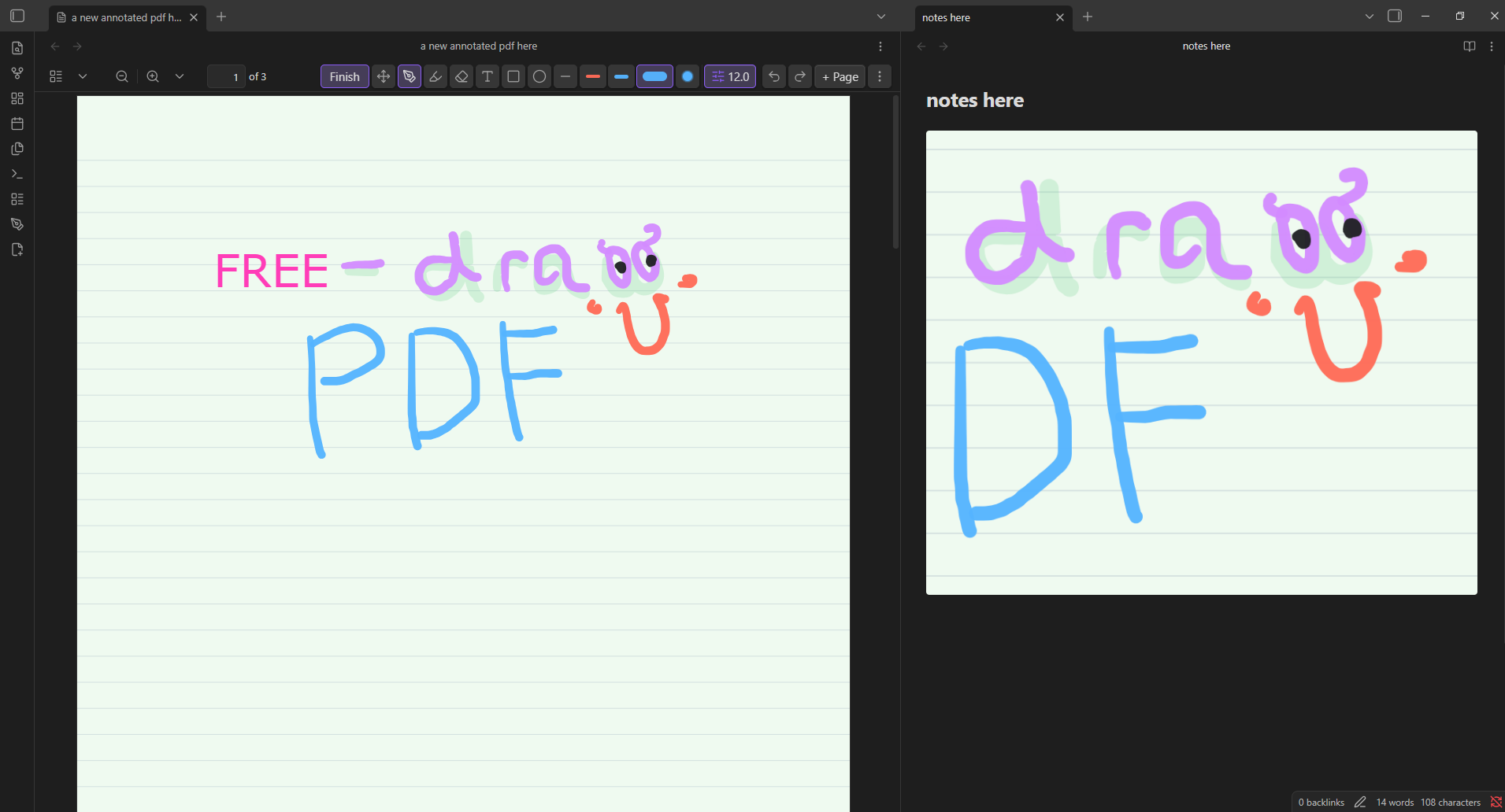 Freedraw PDF annotation toolbar and rendered Markdown embed