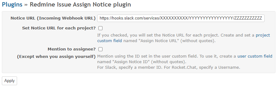 Screenshot of plugin configure