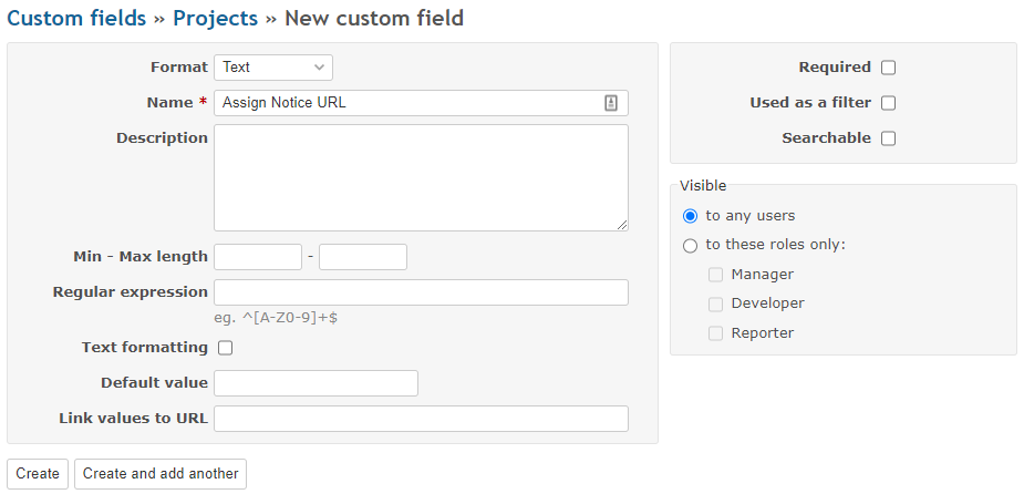 Screenshot of create project custom field