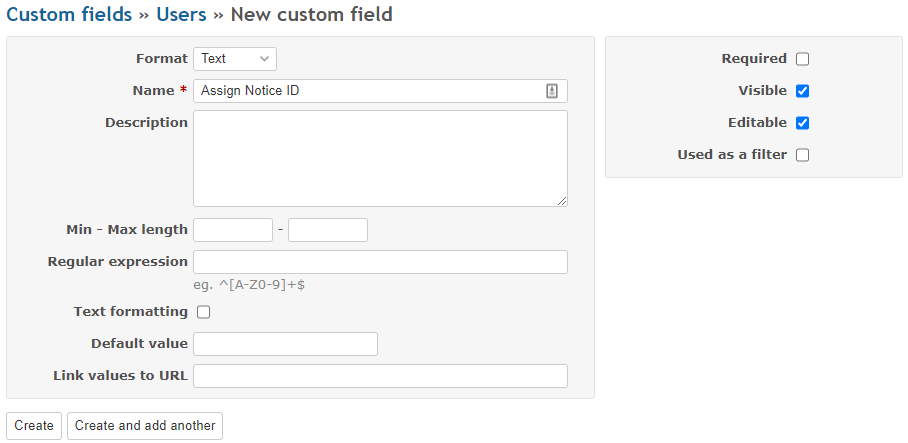 Screenshot of create user custom field