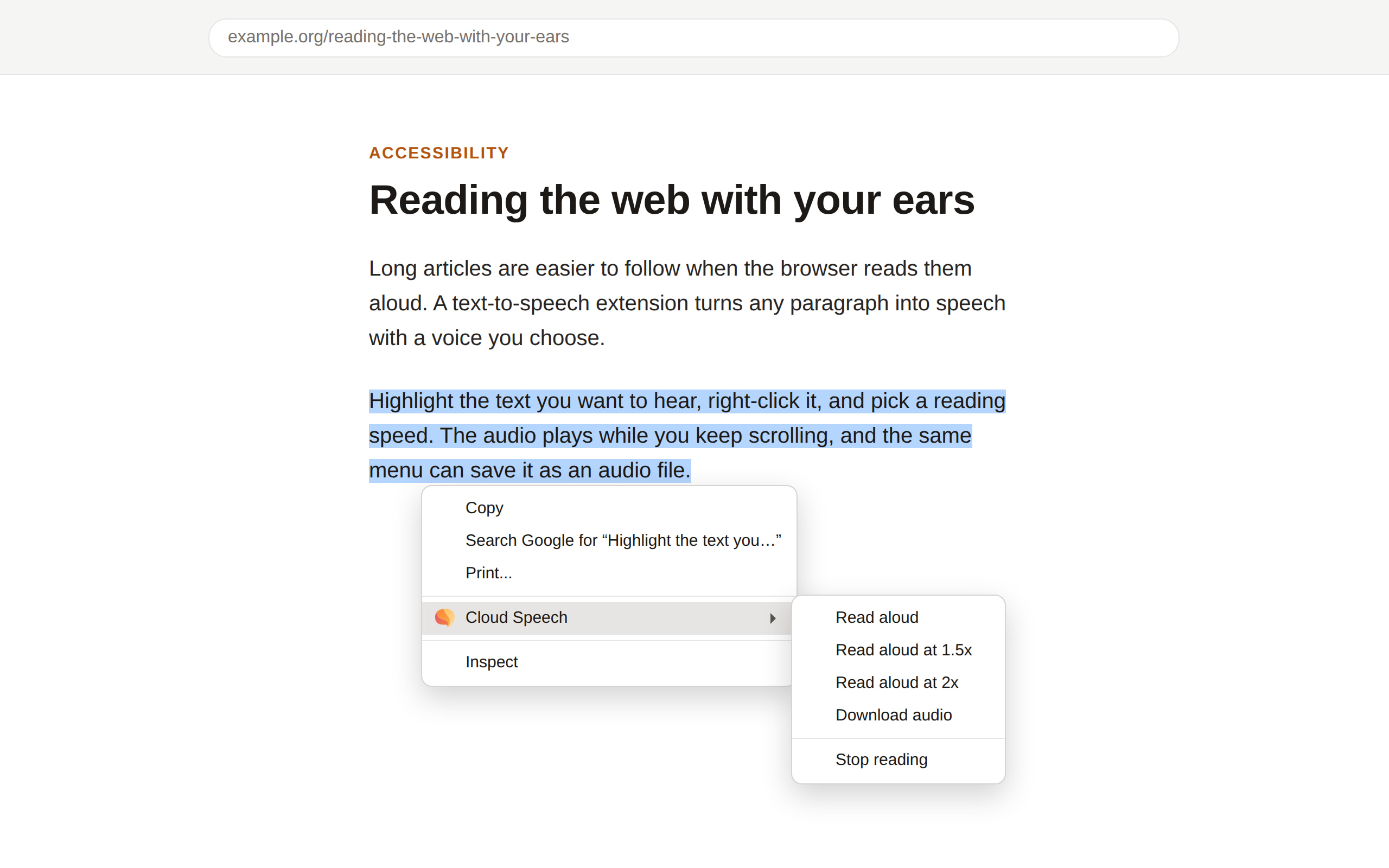 A web page with a highlighted paragraph and the right-click menu open. The Cloud Speech submenu lists Read aloud, Read aloud at 1.5x, Read aloud at 2x, Download audio, and Stop reading.