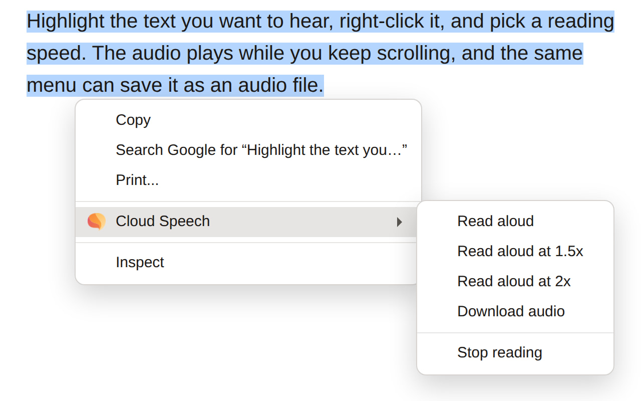 A web page with a highlighted paragraph and the right-click menu open. The Cloud Speech submenu lists Read aloud, Read aloud at 1.5x, Read aloud at 2x, Download audio, and Stop reading.