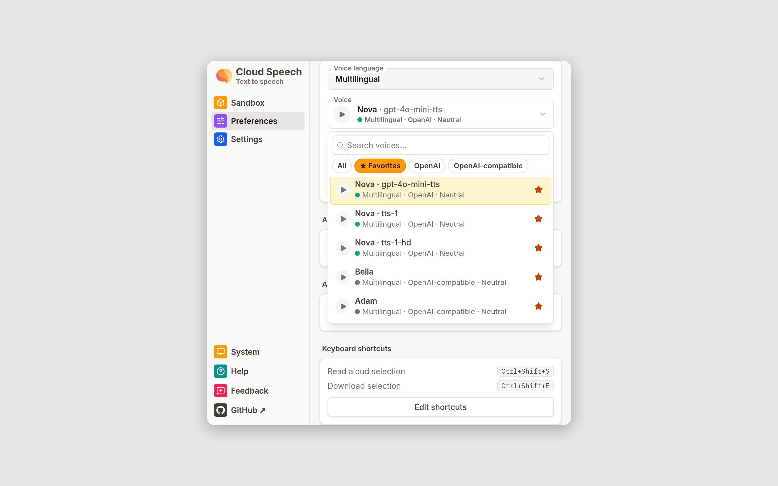 The Preferences view with the voice picker open: a search box, filter chips for All, Favorites, OpenAI, and OpenAI-compatible, and a list of starred voices with play buttons.